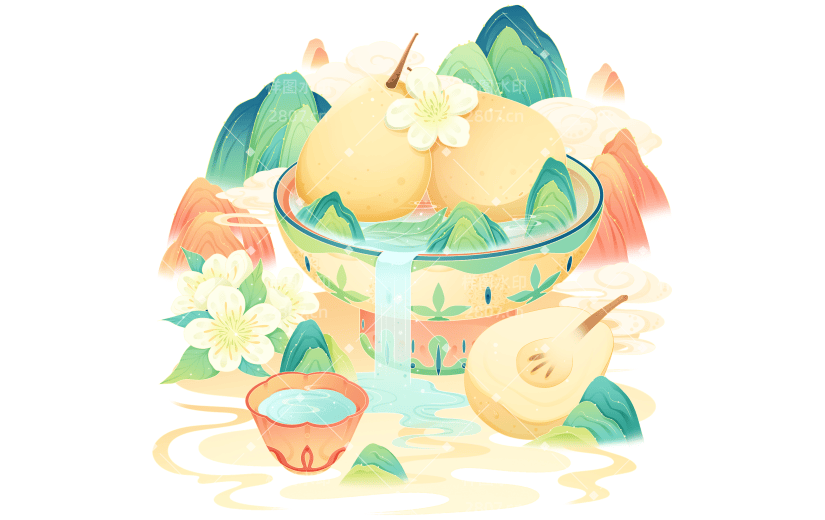 春天春日春季插画国潮冰糖雪梨山水组合场景元素素材