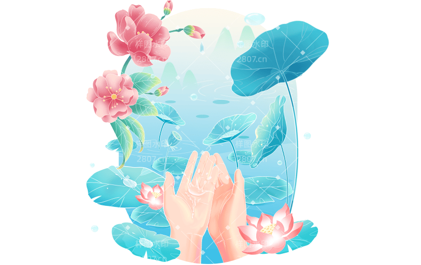 传统节气二十四节气插画幻彩国潮风雨水植物场景组合元素素材