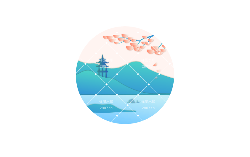 清新蓝色渐变春天山水国风剪纸元素