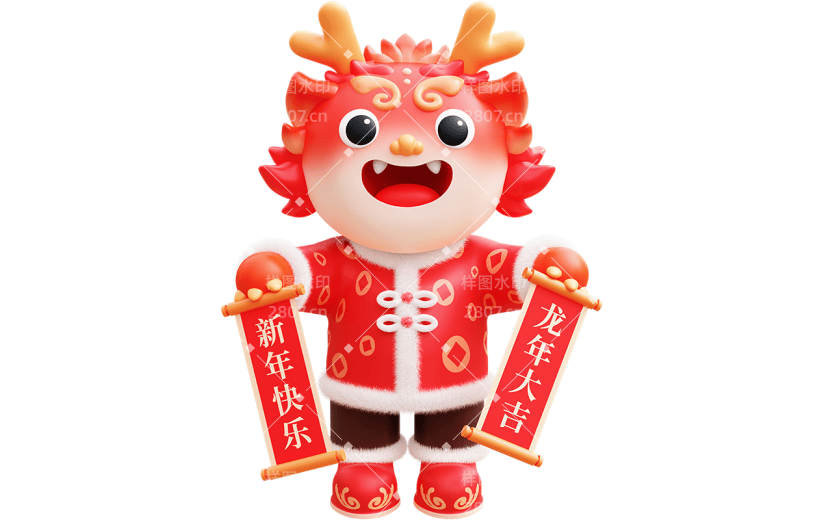 龙年春节新春新年过年除夕中国风中式3D立体卡通感拟人龙生肖元素素材