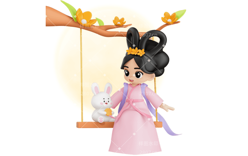 中秋节八月十五3D立体C4D嫦娥兔子元素素材