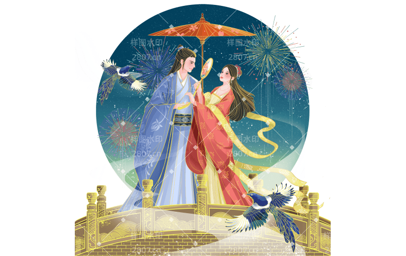 中国风-七夕元素金边人物场景贴纸1