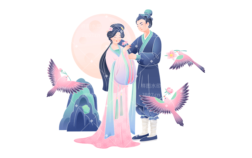 中国风七夕情人节浪漫喜鹊古风贴纸