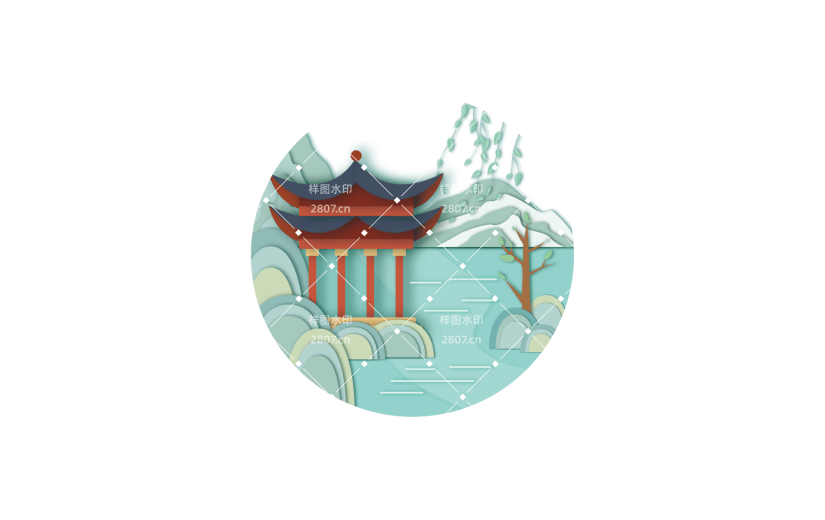 春分亭子树木发芽矢量元素