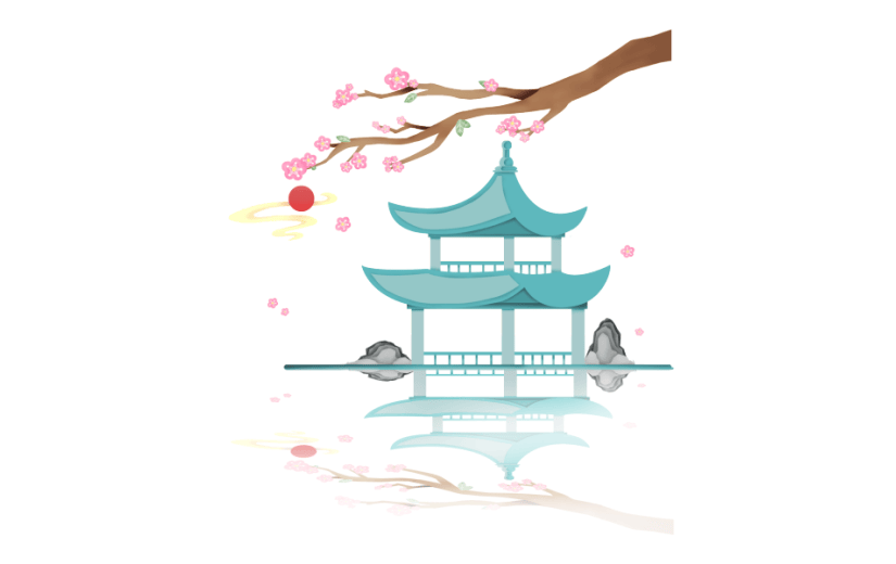 淡蓝色国风剪纸风立春桃花凉亭假山元素