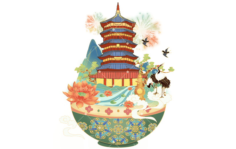 手绘-国潮风建筑