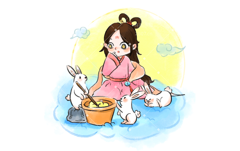 中秋节水墨风贴纸-嫦娥玉兔