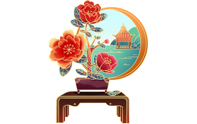 金边中国风插画-植物场景