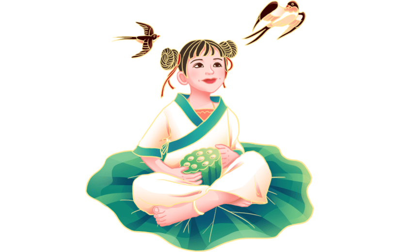 金边中国风人物插画-小女孩
