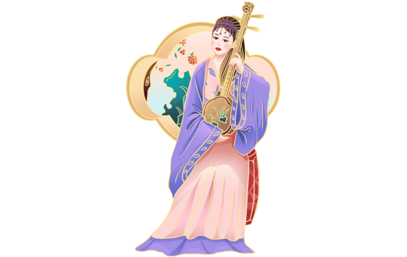 金边中国风人物插画-弹琵琶的女人