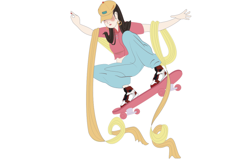 中国风人物插画-女孩滑滑板