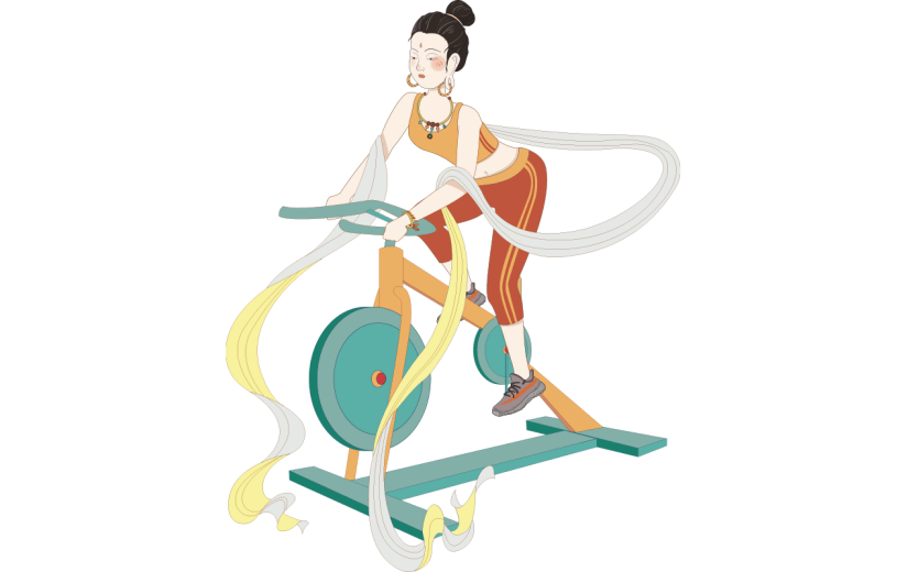 中国风人物运动插画-女孩踩单车