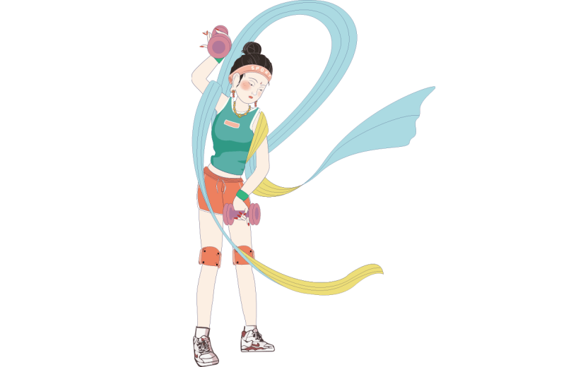 中国风人物插画-女孩举哑铃