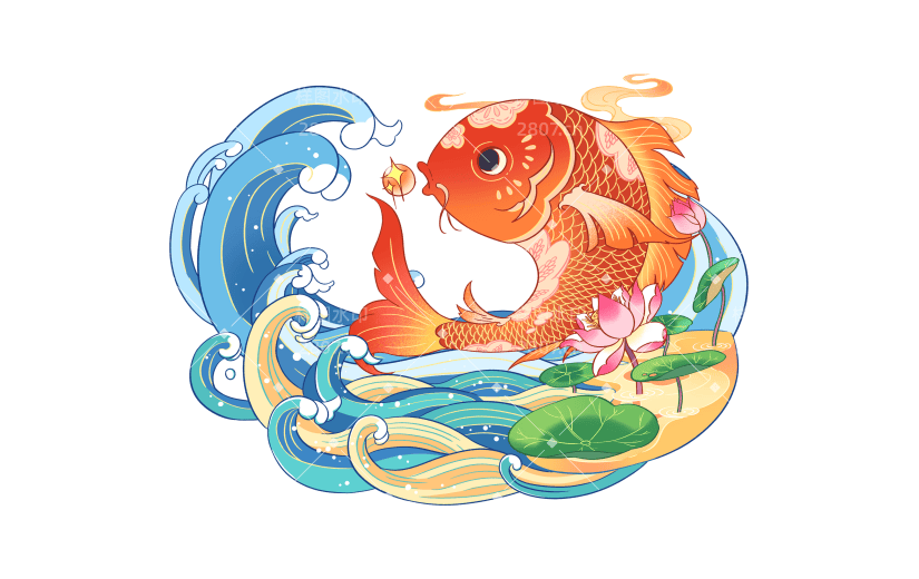 新年中国风手绘插画-鱼