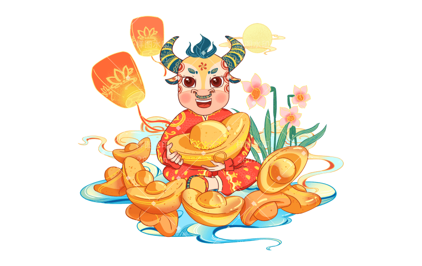 新年中国风手绘插画-金牛