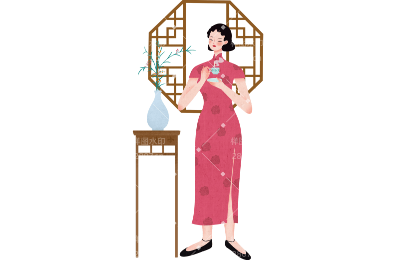 中国风人物插画素材-旗袍女人喝茶
