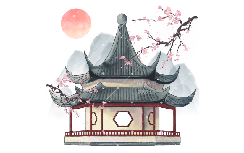水彩手绘园林亭台楼阁插画