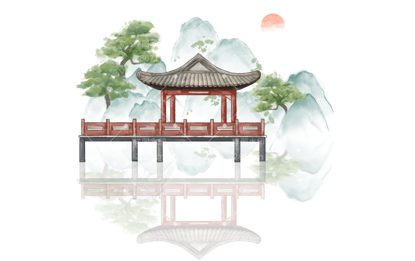 水彩手绘园林亭台楼阁插画