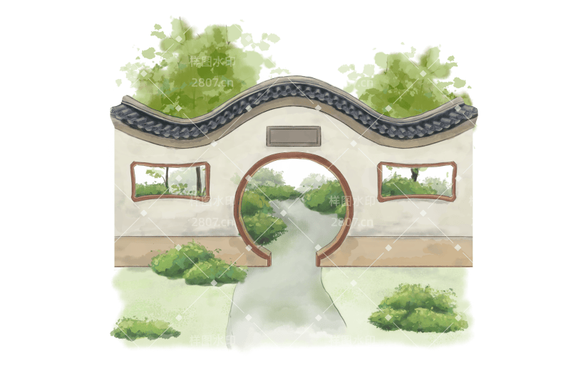 水彩手绘园林亭台楼阁插画