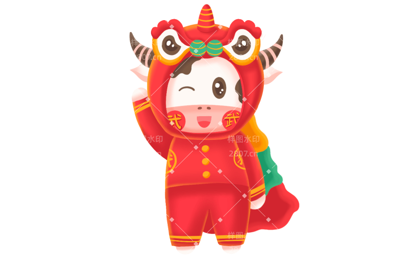 春节牛拟人化手绘贴纸-舞狮