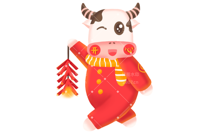 春节牛拟人化手绘贴纸-鞭炮