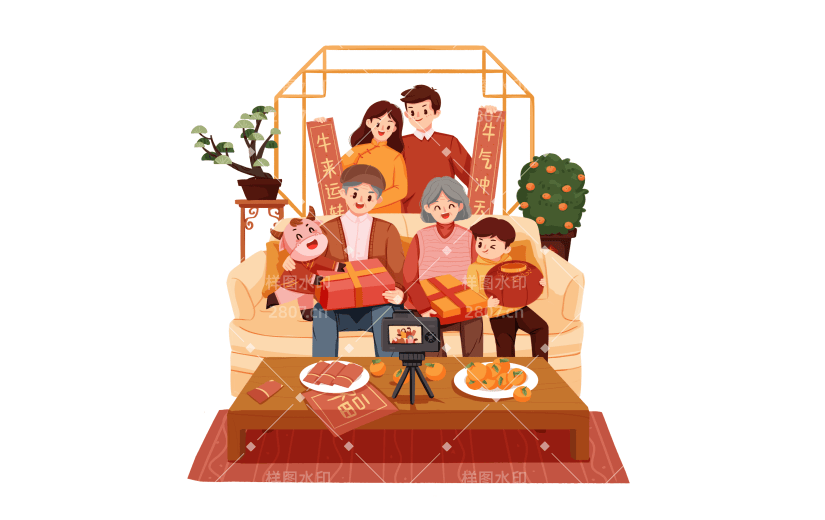 春节扁平肌理人物组合-全家福