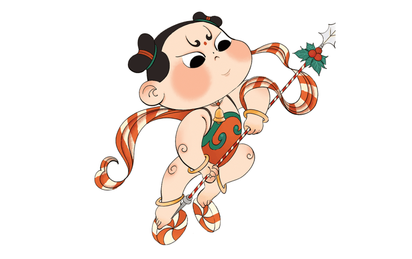 中式圣诞节创意插画贴纸-哪吒