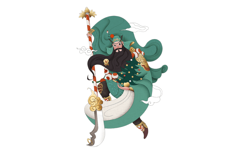 中式圣诞节创意插画贴纸-关羽