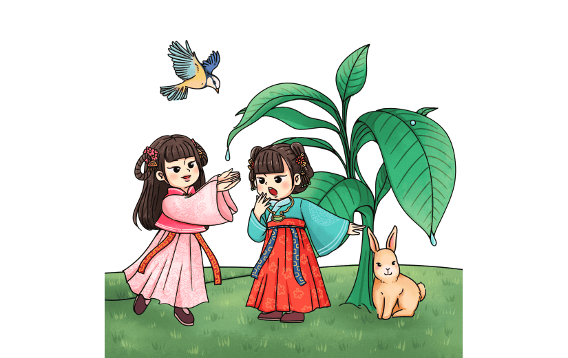 手绘-白露元素创意贴纸-玩耍