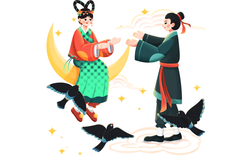 手绘-七夕元素牛郎织女人物插画5