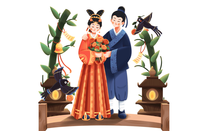 手绘-七夕元素牛郎织女人物插画3