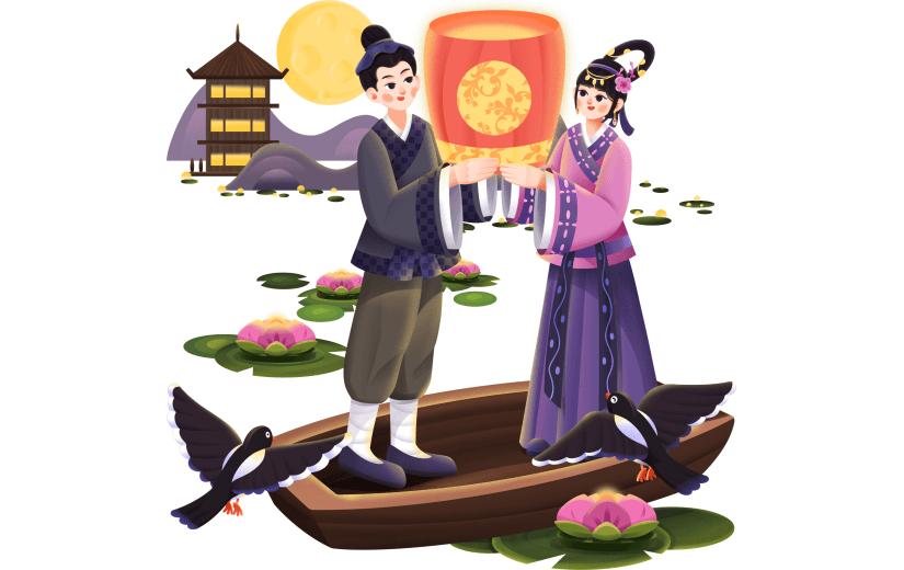 手绘-七夕元素牛郎织女人物插画4