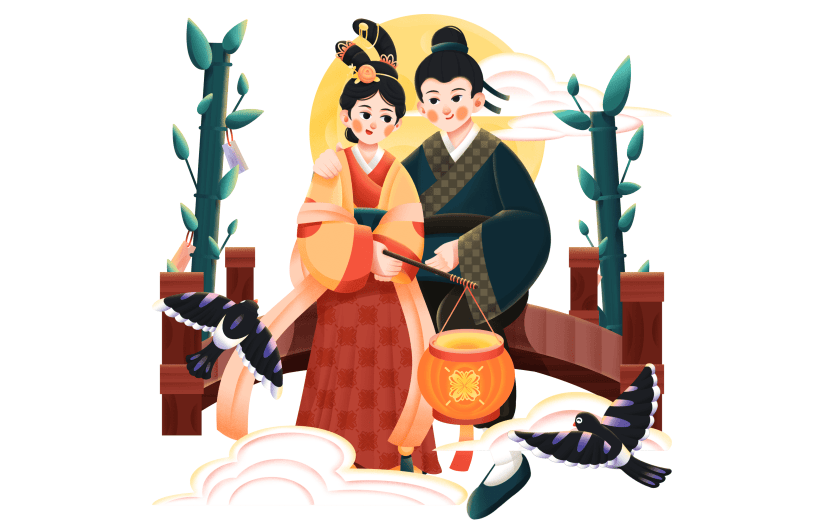 手绘-七夕元素牛郎织女人物插画1