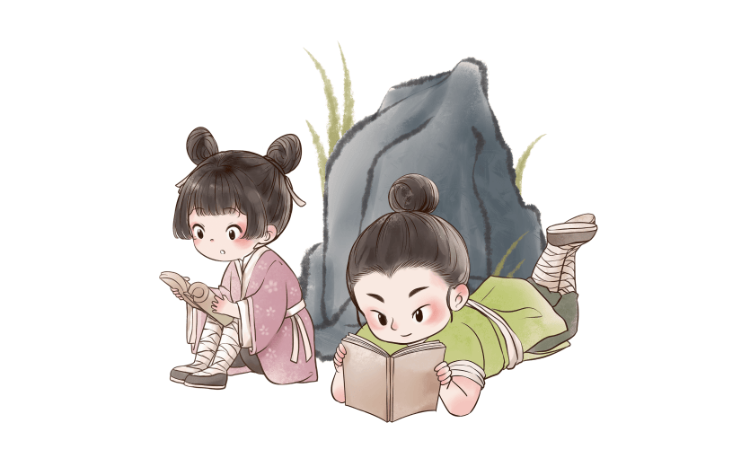 古代儿童背靠假山阅读元素