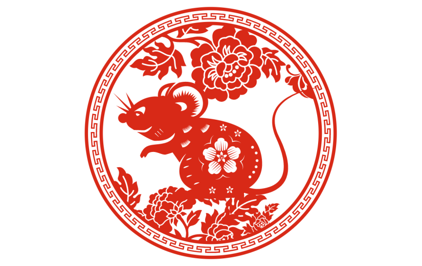 红色喜庆十二生肖鼠年剪纸贴纸