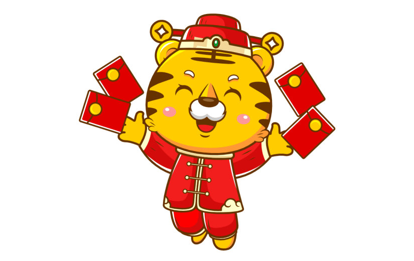卡通虎年形象财神爷手持红包元素