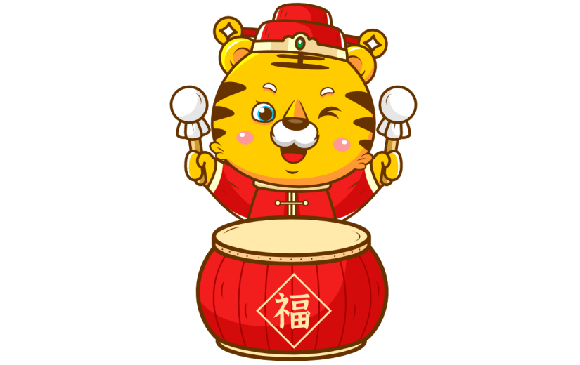 手绘红黄色财神爷双手敲鼓元素