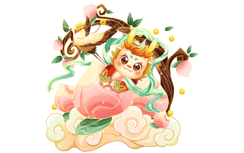 春节龙年新年新春过年除夕中国风国潮寿桃桃子龙组合元素素材
