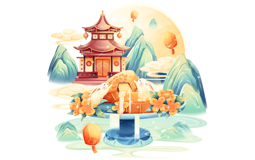 中秋节通用国风兔子场景原创贴纸