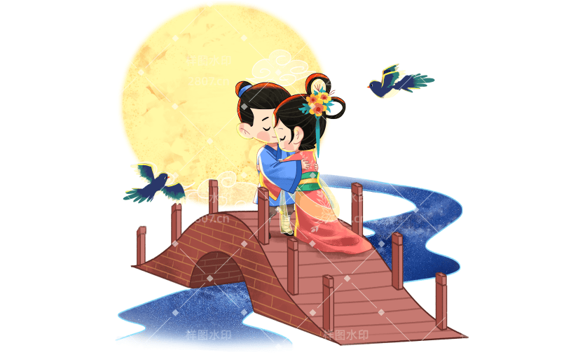 手绘-卡通七夕牛郎织女人物场景2