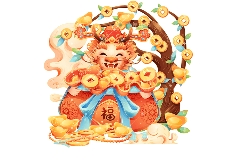 龙年春节新春新年过年除夕中国风国潮拟人财神龙组合元素素材