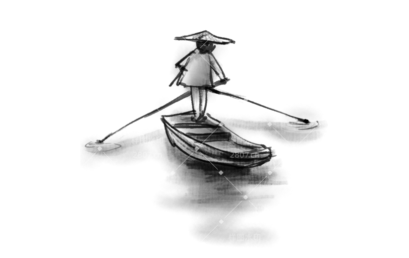 手绘-水墨风船只贴纸元素
