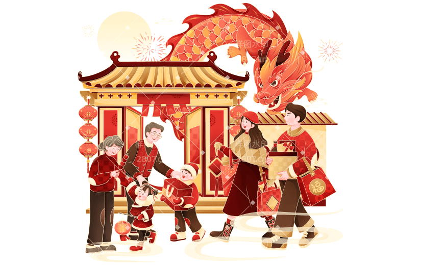 龙年春节新春新年过年除夕春节拜大年年俗场景元素素材