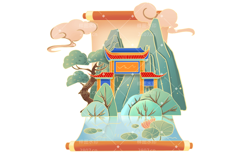 手绘国潮风园林卷轴元素2