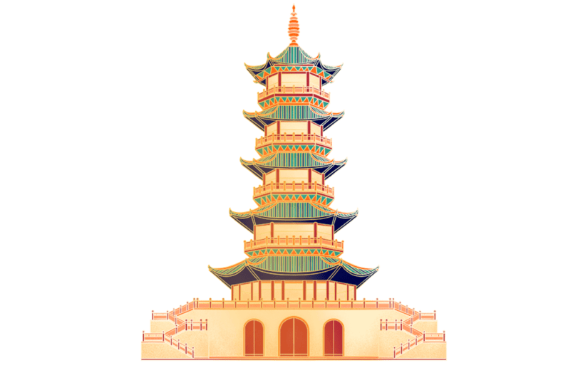 手绘中国高塔建筑元素