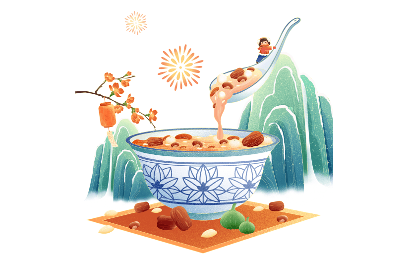 腊八节中国风中式微缩腊八粥山水场景组合元素素材