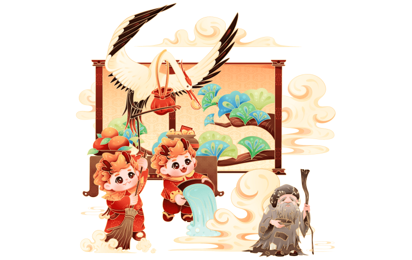 龙年春节新春新年过年除夕卡通感可爱拟人龙年俗插画场景组合元素素材-送穷鬼