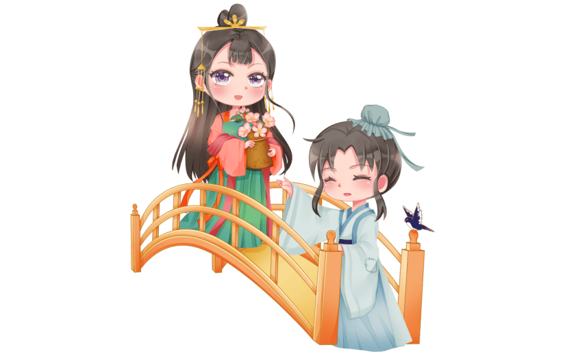 手绘-七夕节Q版牛郎织女人物插画7