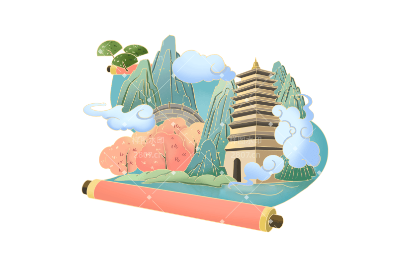 手绘国潮风园林卷轴元素5