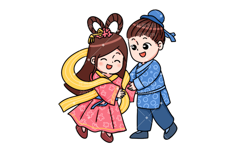 手绘-卡通七夕元素牛郎织女贴纸2